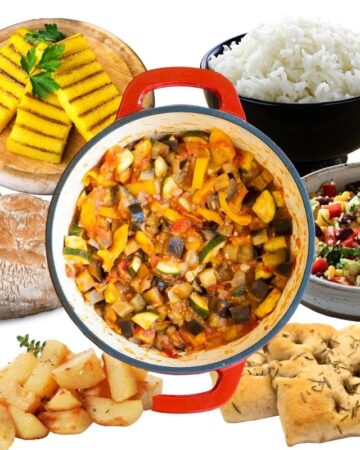 Ratatouille in a red dutch oven and different sides are around it like rice, grilled polenta, bread, potato, salad, focaccia