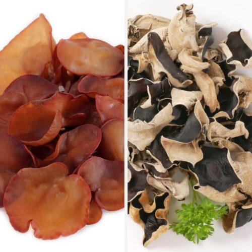 Fresh wood ear mushrooms on a white surface on the left side and brown dried ones on the right side.