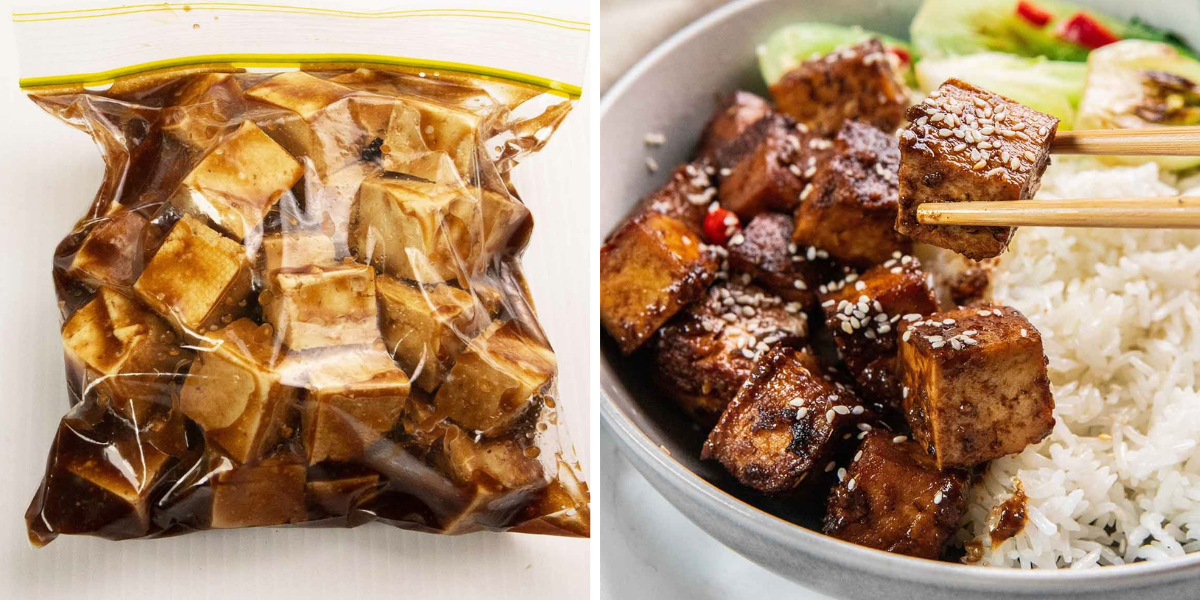 Two photo collage showing tofu pieces marinated in a freezer bag, and a picture with cooked marinated tofu being held by chopsticks in a bowl of rice.
