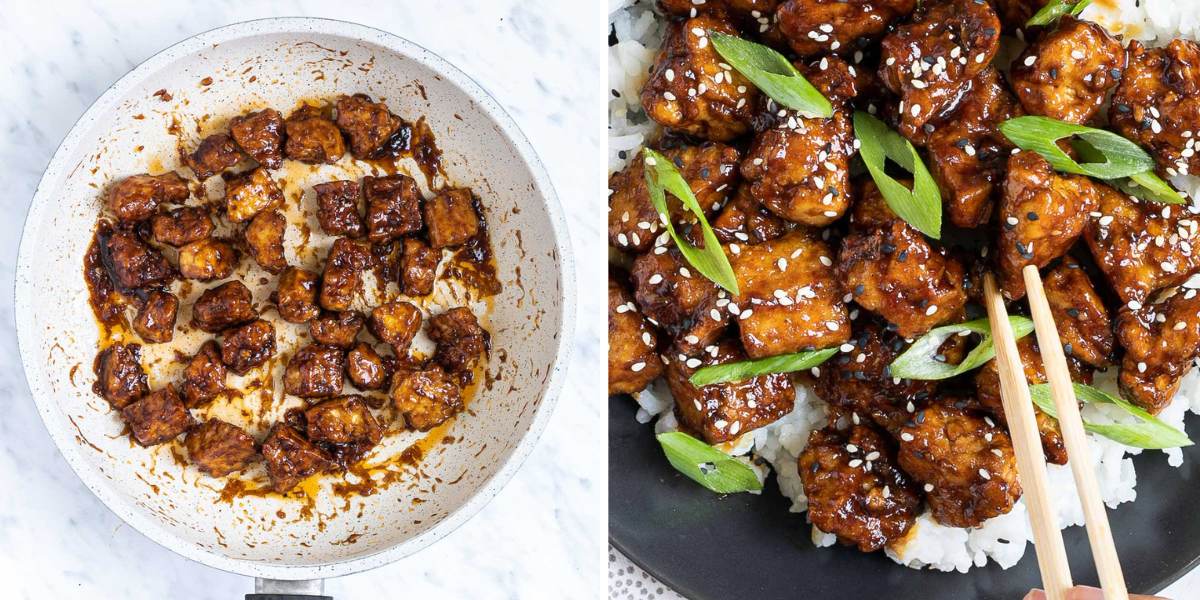Two photo collage showing a picture of hoisin tofu marinade in a pan, and cooked Hoisin tofu stir fry with rice in a bowl.