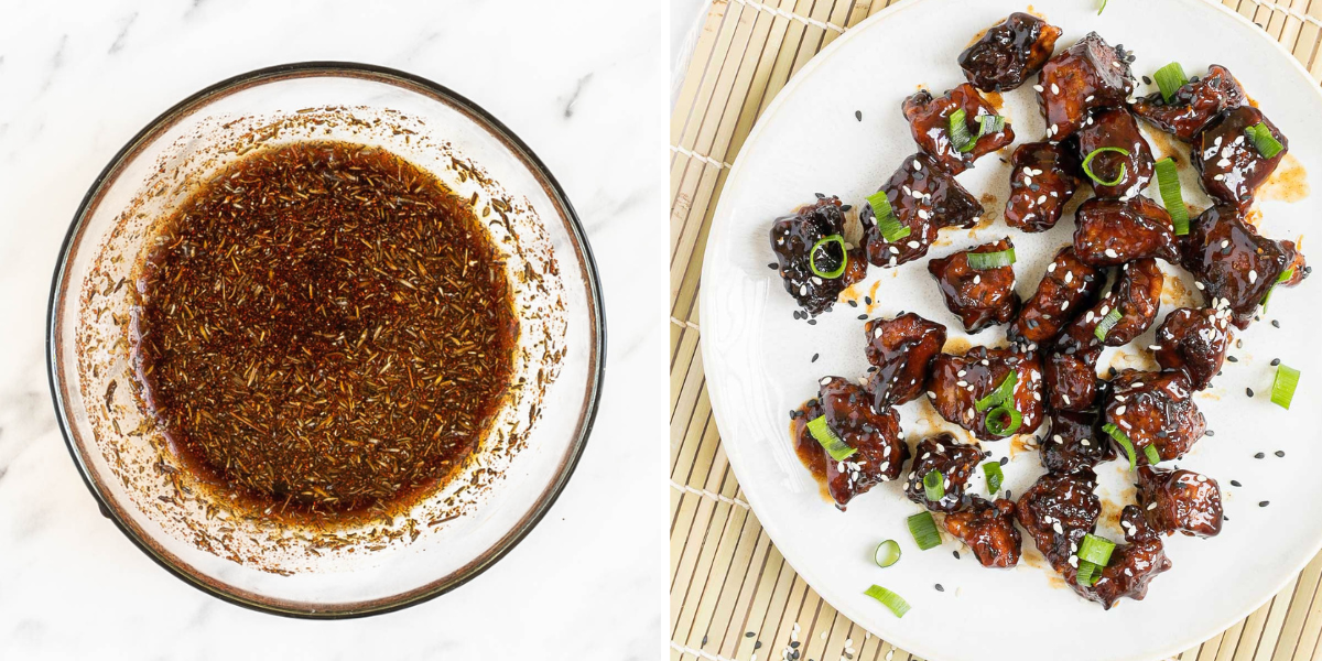 Two photo collage showing a picture of sweet and sticky tofu marinade in a pan, and cooked marinated tofu on a plate.